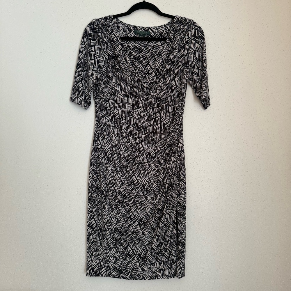 Lauren Ralph Lauren Black & White 3/4 Sleeve Stretch Mid Length Dress Size 10